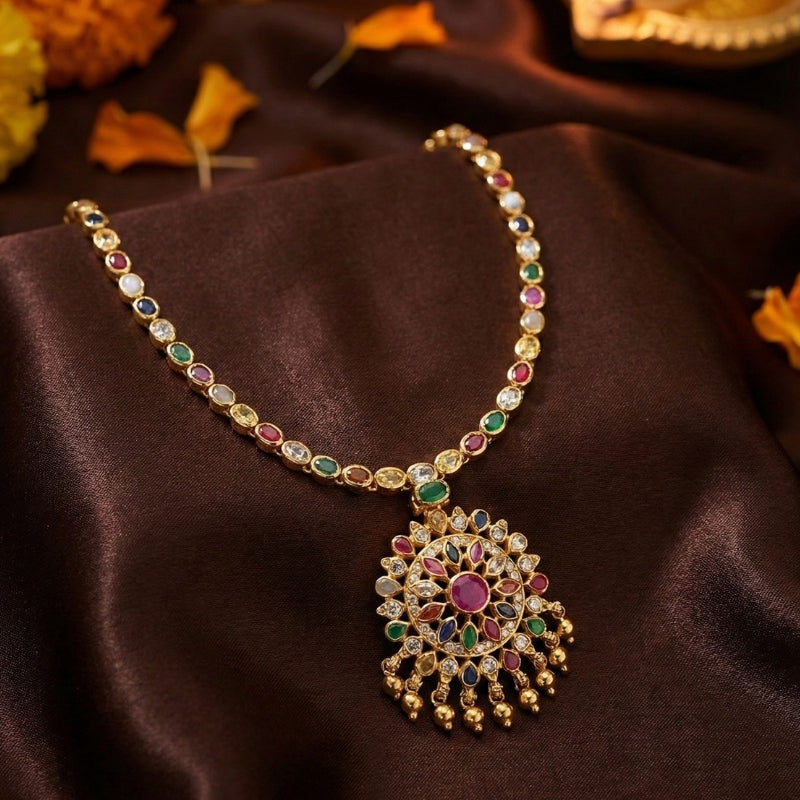 Navratna Surya Mandala Spinal Silver 925 Necklace — Gold Polished
