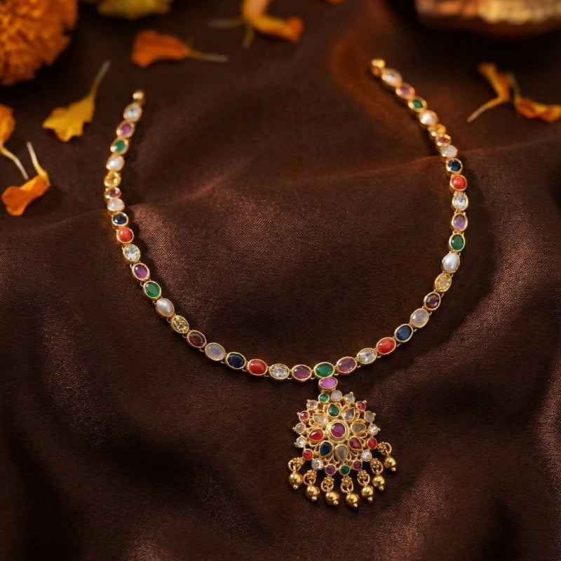 Navratna Heirloom Drop Spinal Silver 925 Necklace — Gold Polished