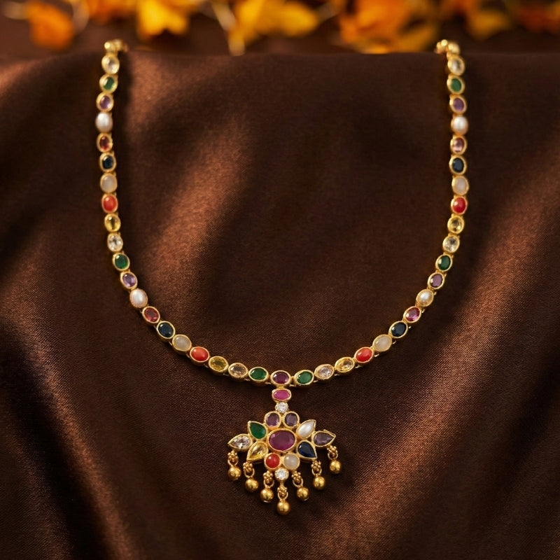 Navratna Grace Drop Spinal Silver 925 Necklace — Gold Polished