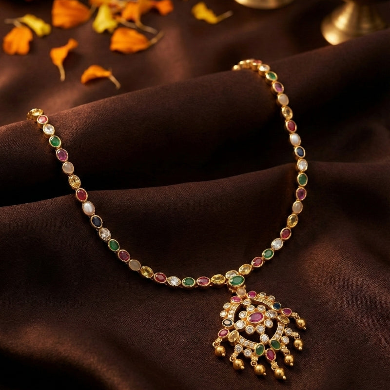 Navratna Nakshi Haar Spinal Silver 925 Necklace — Gold Polished