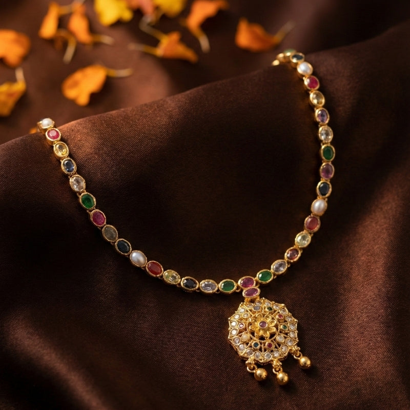 Navratna Chakra Haar Spinal Silver 925 Necklace — Gold Polished