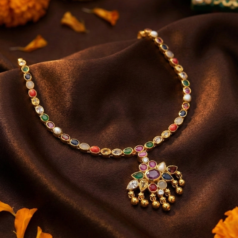 Navratna Rajwadi Haar Spinal Silver 925 Necklace — Gold Polished