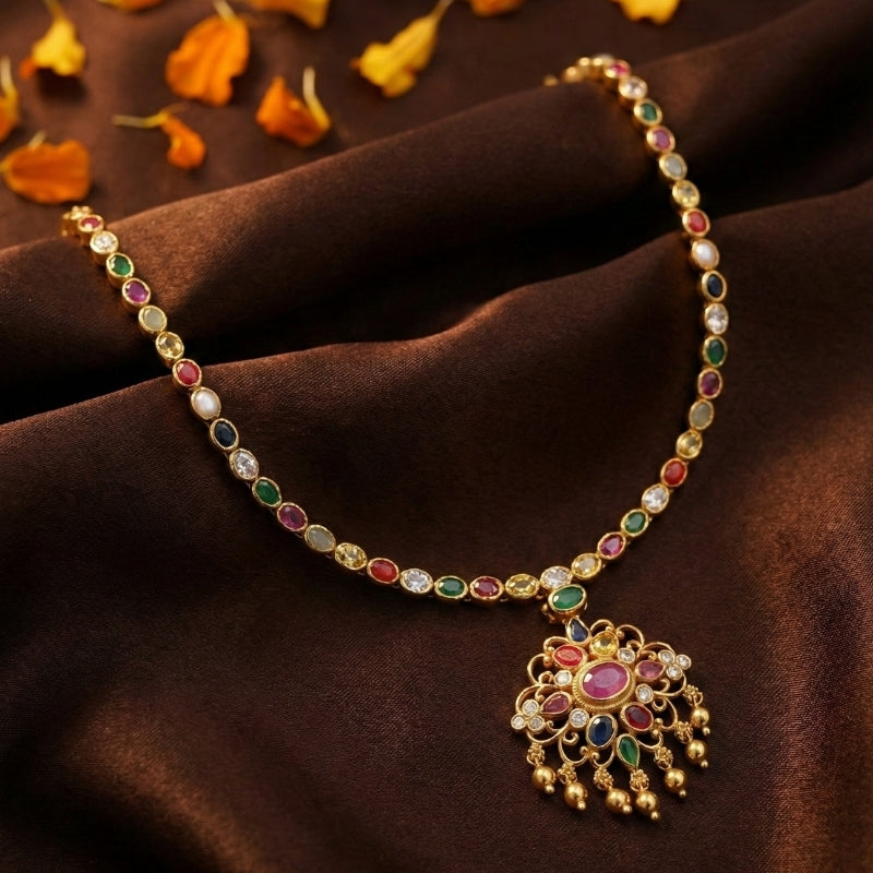 Navratna Kundan Haar Spinal Silver 925 Necklace — Gold Polished