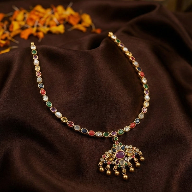 Navratna Jadau Haar Spinal Silver 925 Necklace — Gold Polished