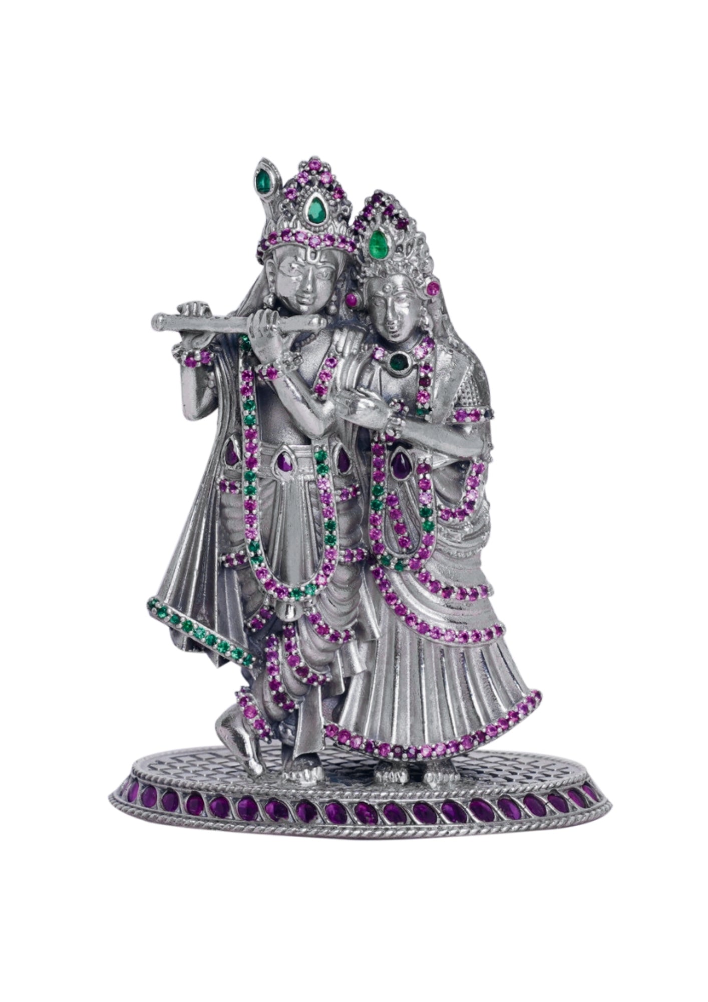 Pure Silver Idol of Radha Krishna by Rajatva, made with Intricate Gemstone Detailing & BIS Hallmarked Silver 925, weighs 130 Grams and is 3 inches tall.