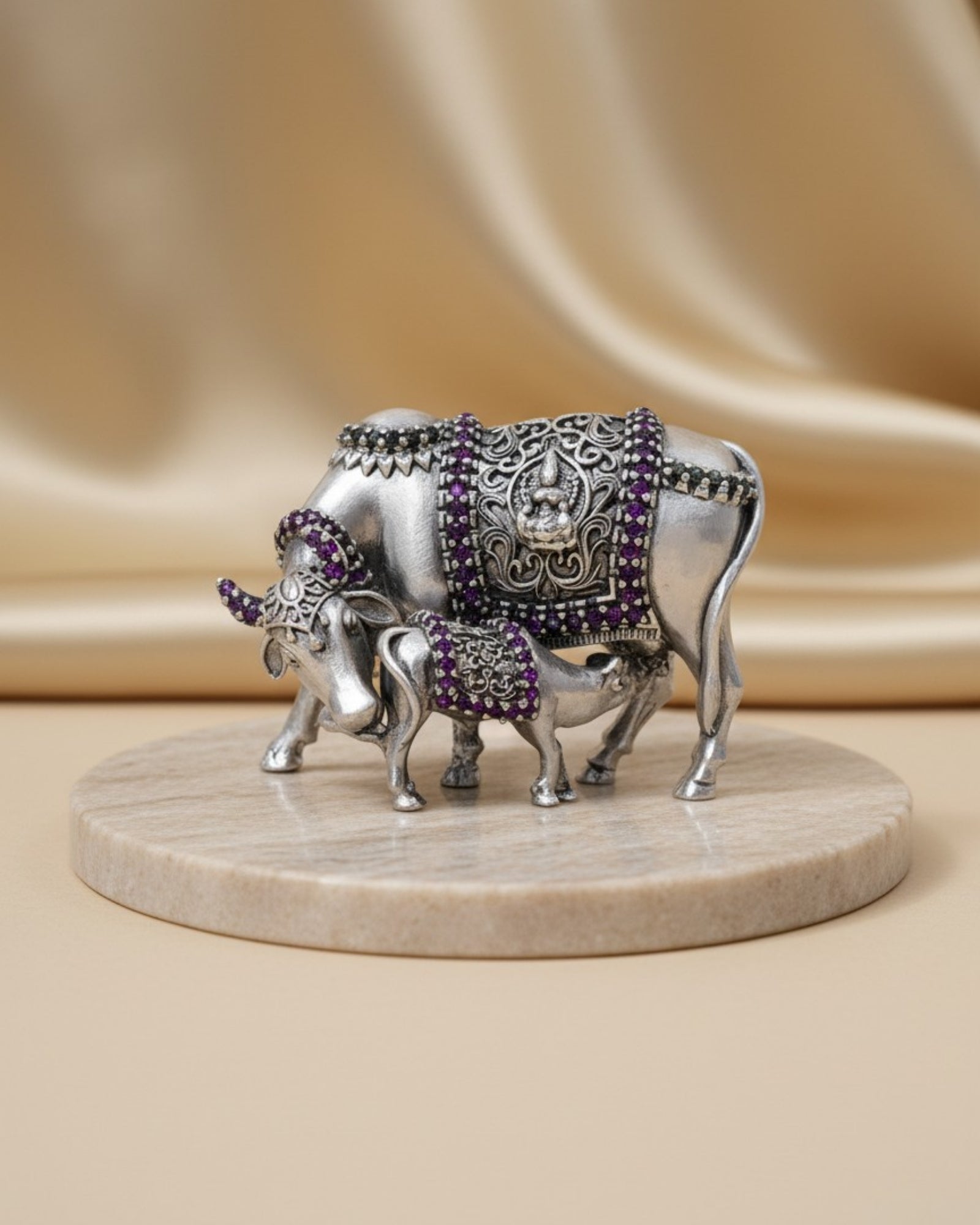 Rajatva Cow & Calf Pure Silver Idol – 50g Auspicious Decorative Artifact