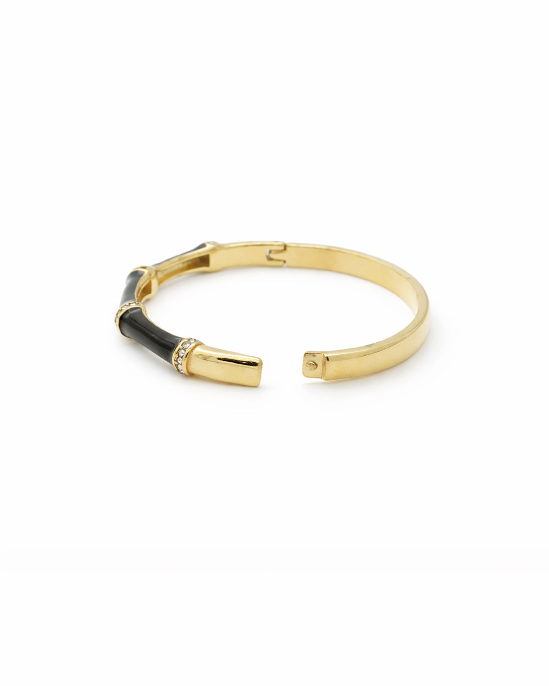 Black Enamel Bamboo Crystal Gold Plated Bangle Kada