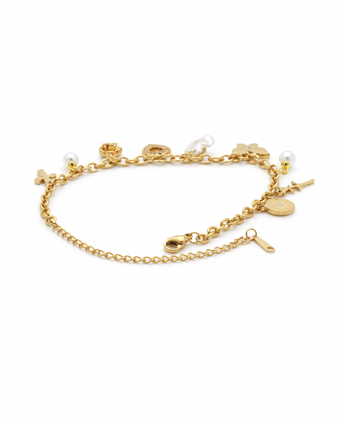 Whimsy Pearl Multi-Charm Gold Bracelet