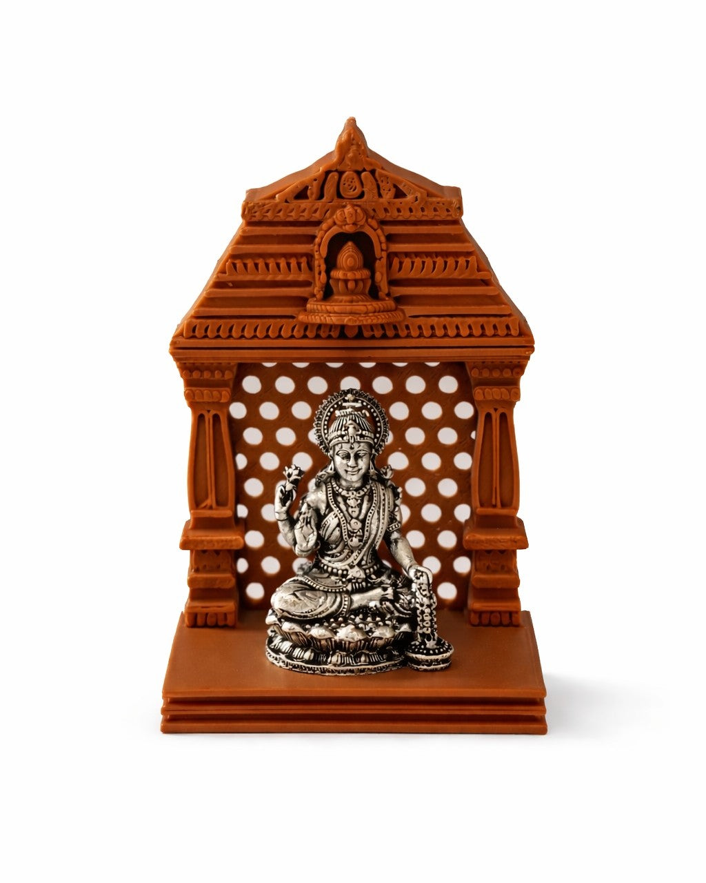 Goddess Lakshmi Silver Idol With Brown Mandir