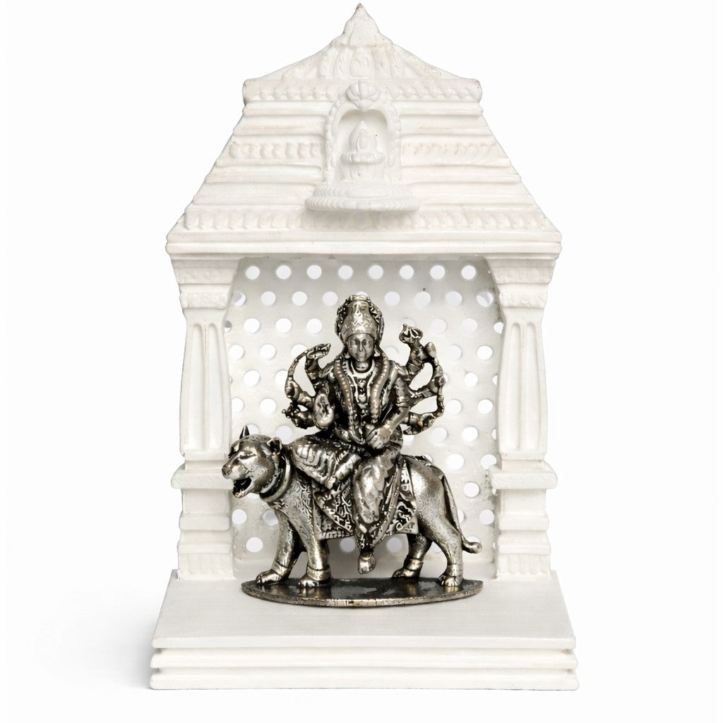 Maa Durga On Tiger Silver Idol With Mandir