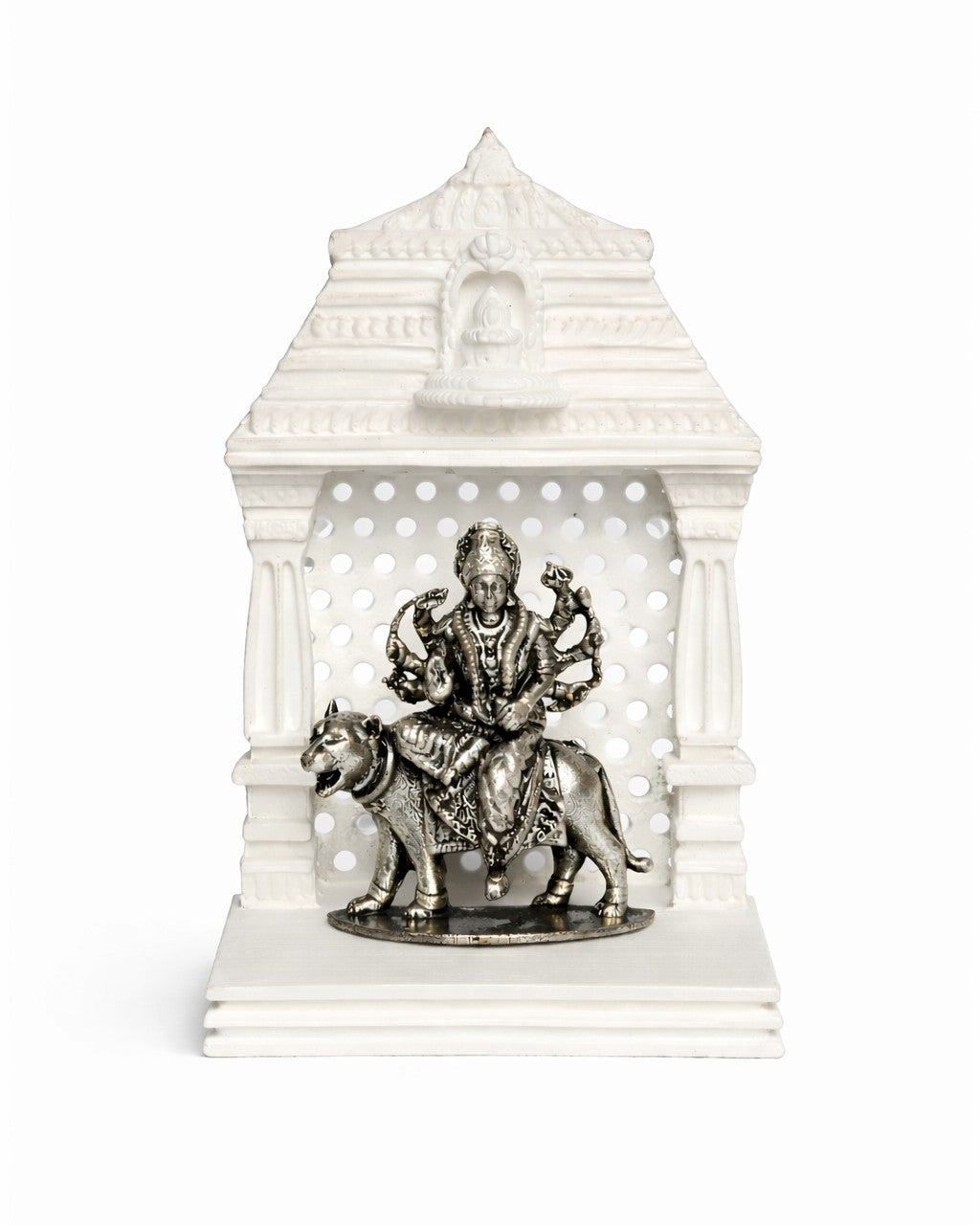 Maa Durga On Tiger Silver Idol With Mandir