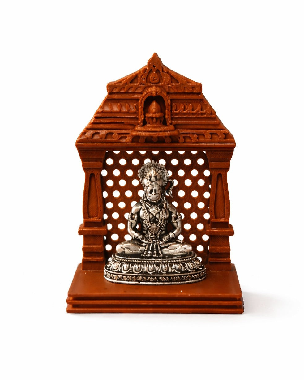 Lord Hanuman Silver Idol With Brown Mandir