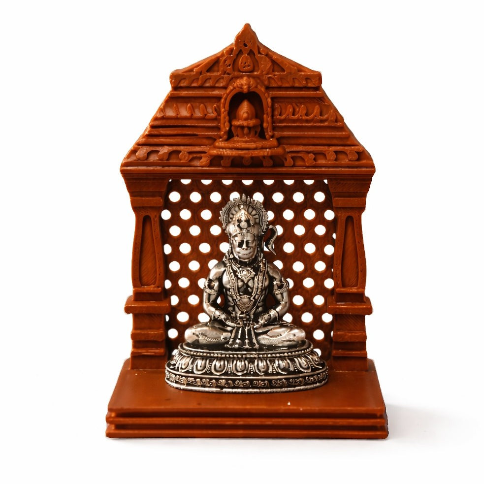 Lord Hanuman Silver Idol With Brown Mandir