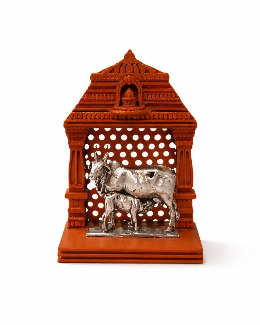 Gau Mata With Calf Silver Idol With Brown Mandir