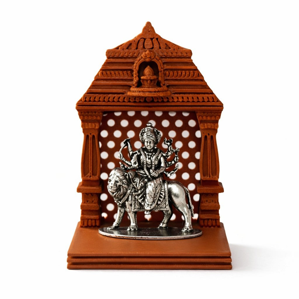 Durga Maa Silver Idol With Brown Mandir