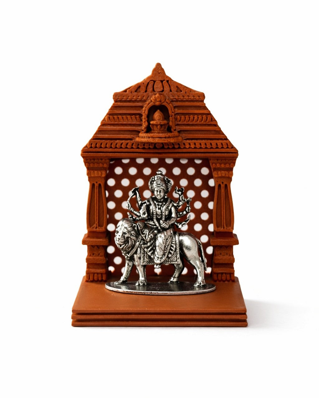 Durga Maa Silver Idol With Brown Mandir