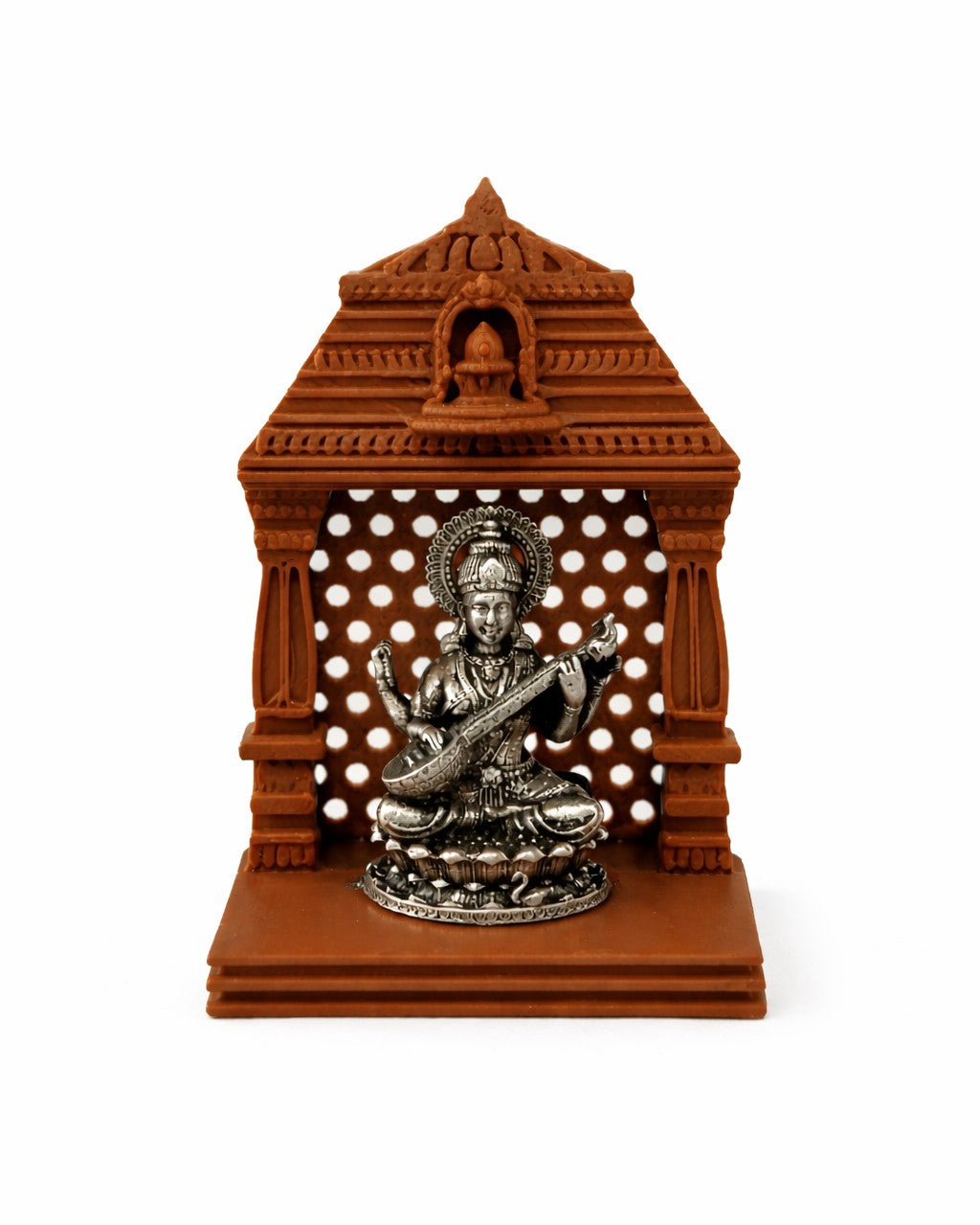 Saraswati Silver Idol With Brown Mandir