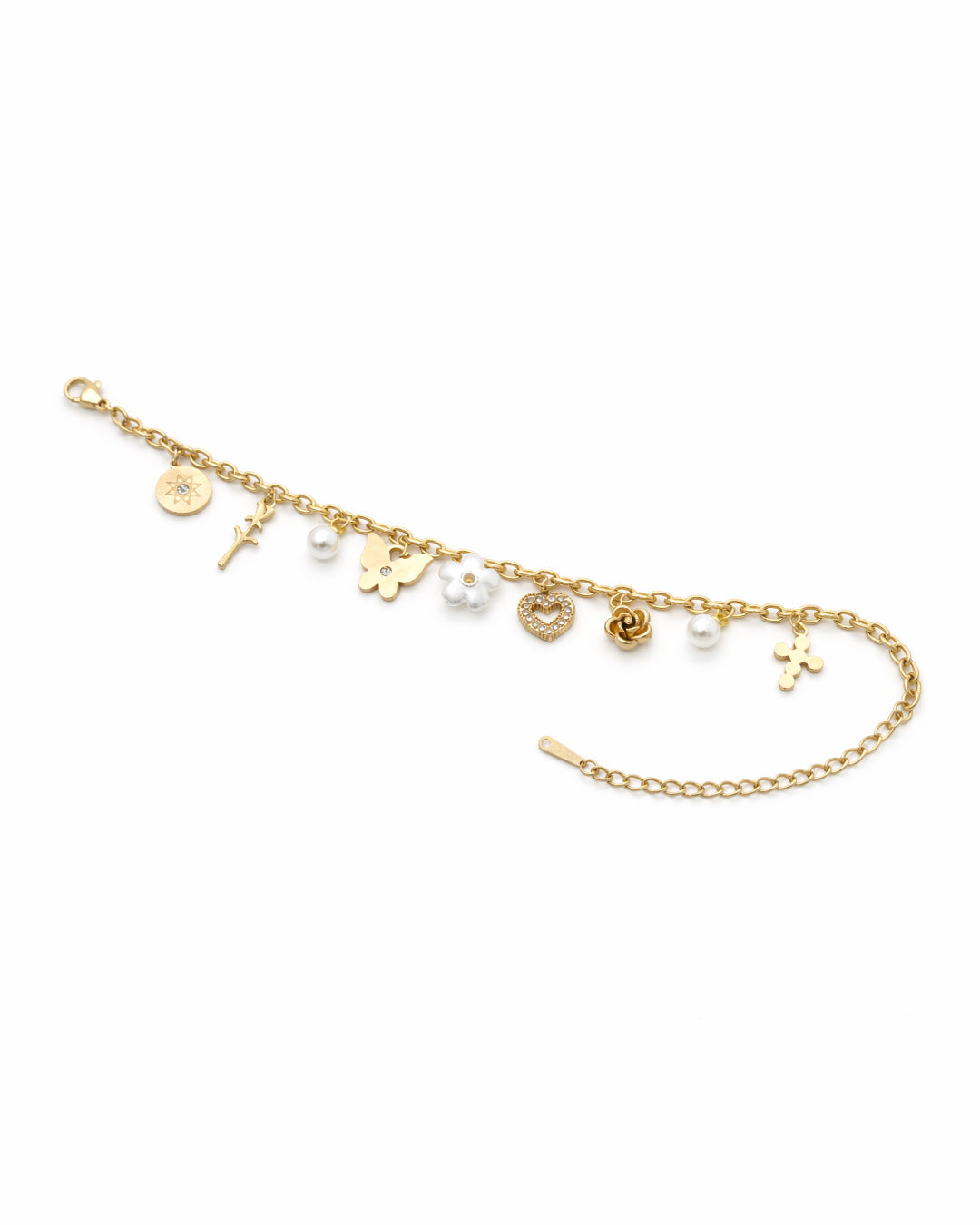 Whimsy Pearl Multi-Charm Gold Bracelet