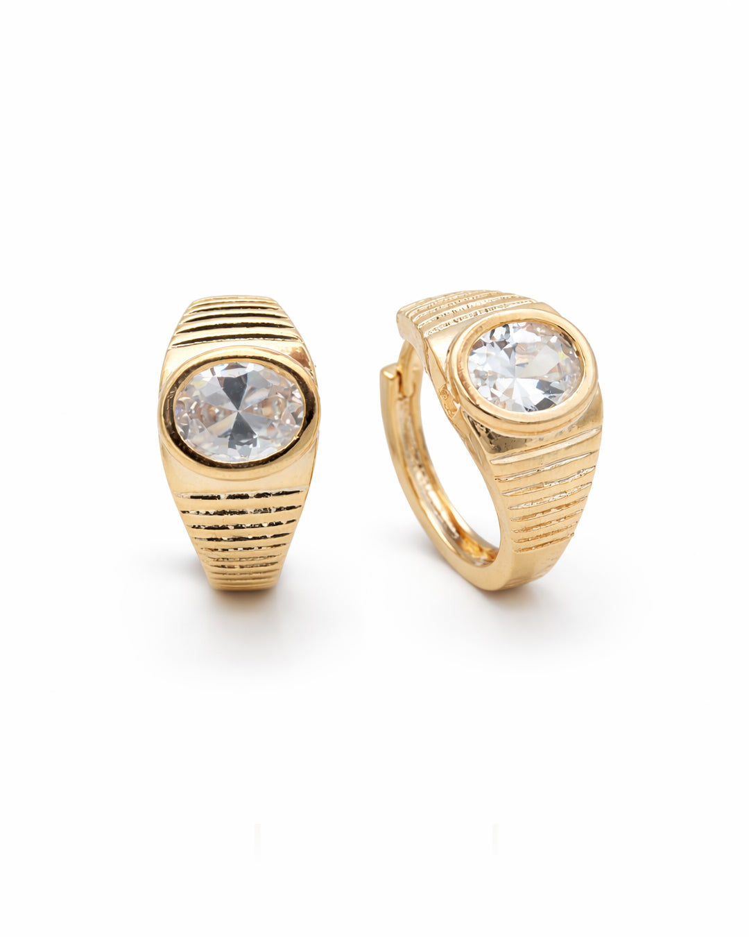 Oval Solitaire Ribbed Gold Plated Chunky Huggie Hoop Earrings