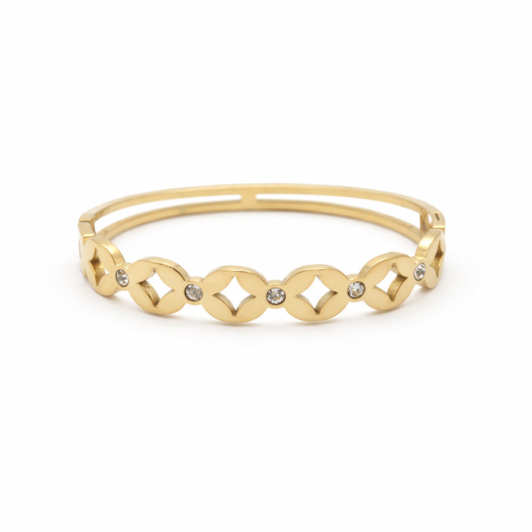 Clover & Solitaire Crystal Open-Work Gold Plated Kada