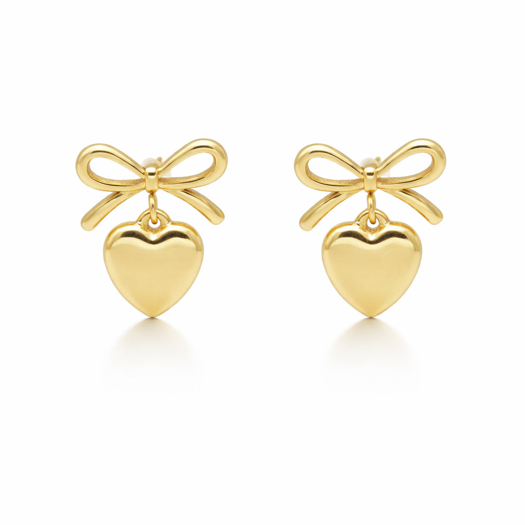 Bow & Heart Charm Gold Plated Drop Earrings