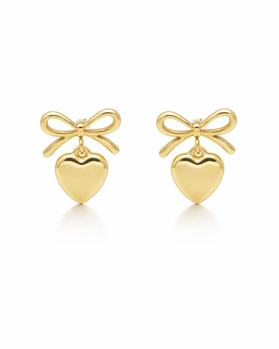 Bow & Heart Charm Gold Plated Drop Earrings