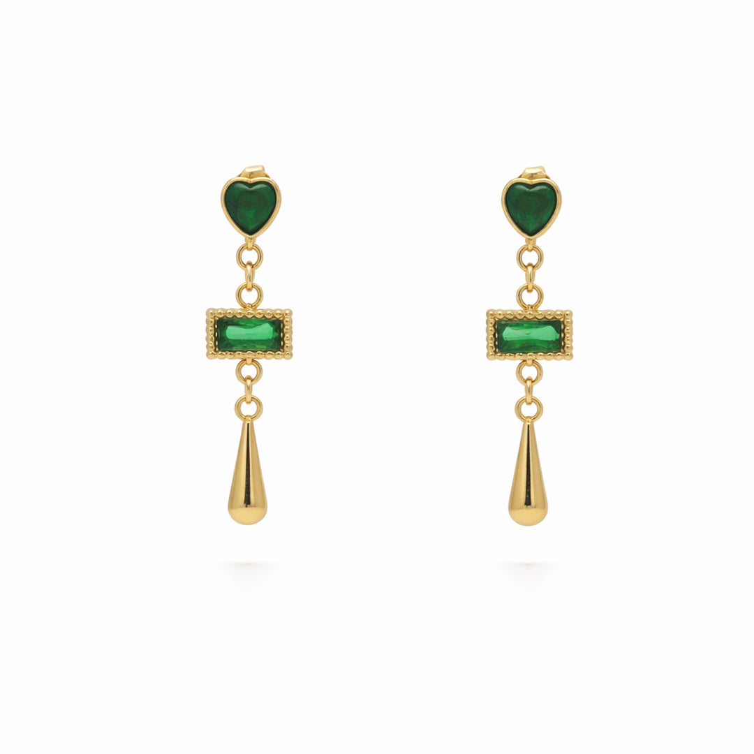 Emerald Heart Droplet Gold Earrings