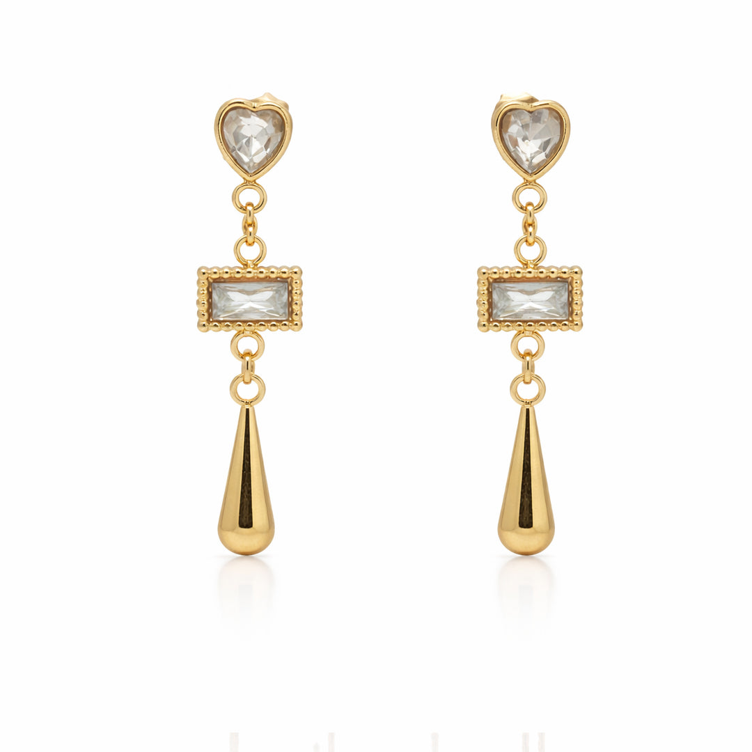 Heart and Baguette Crystal Gold Drop Earrings