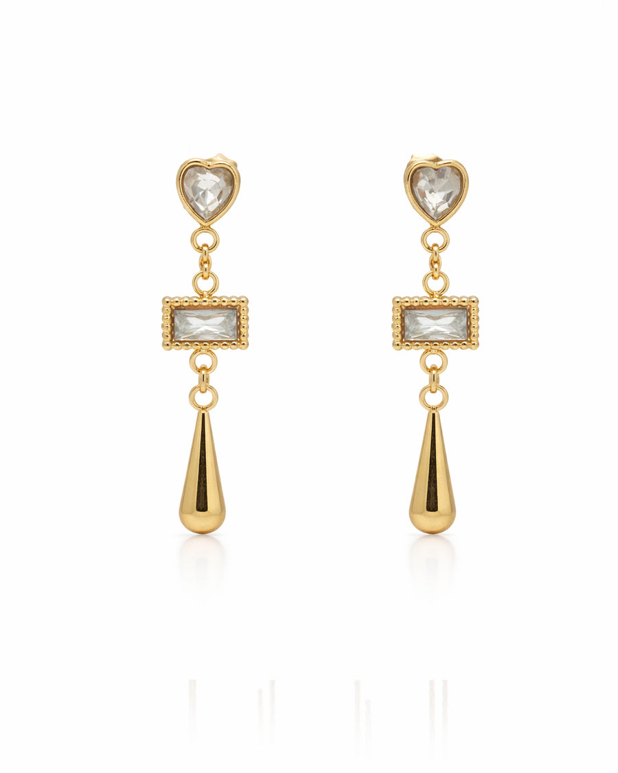 Heart and Baguette Crystal Gold Drop Earrings