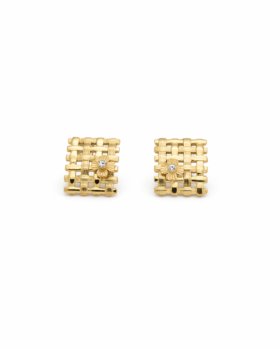 Basket Weave Crystal Centre Gold Plated Square Stud Earrings