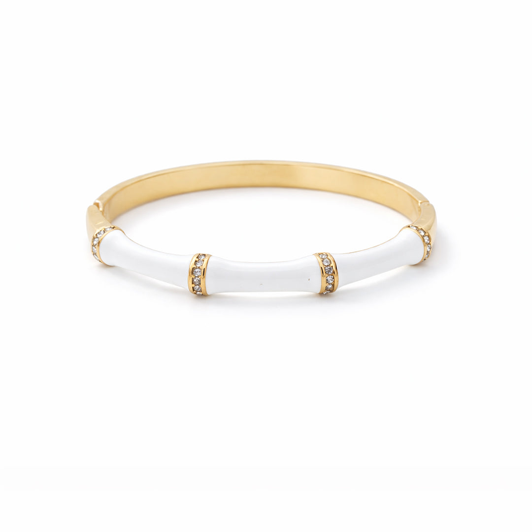 White Enamel Bamboo Crystal Gold Plated Bangle Kada