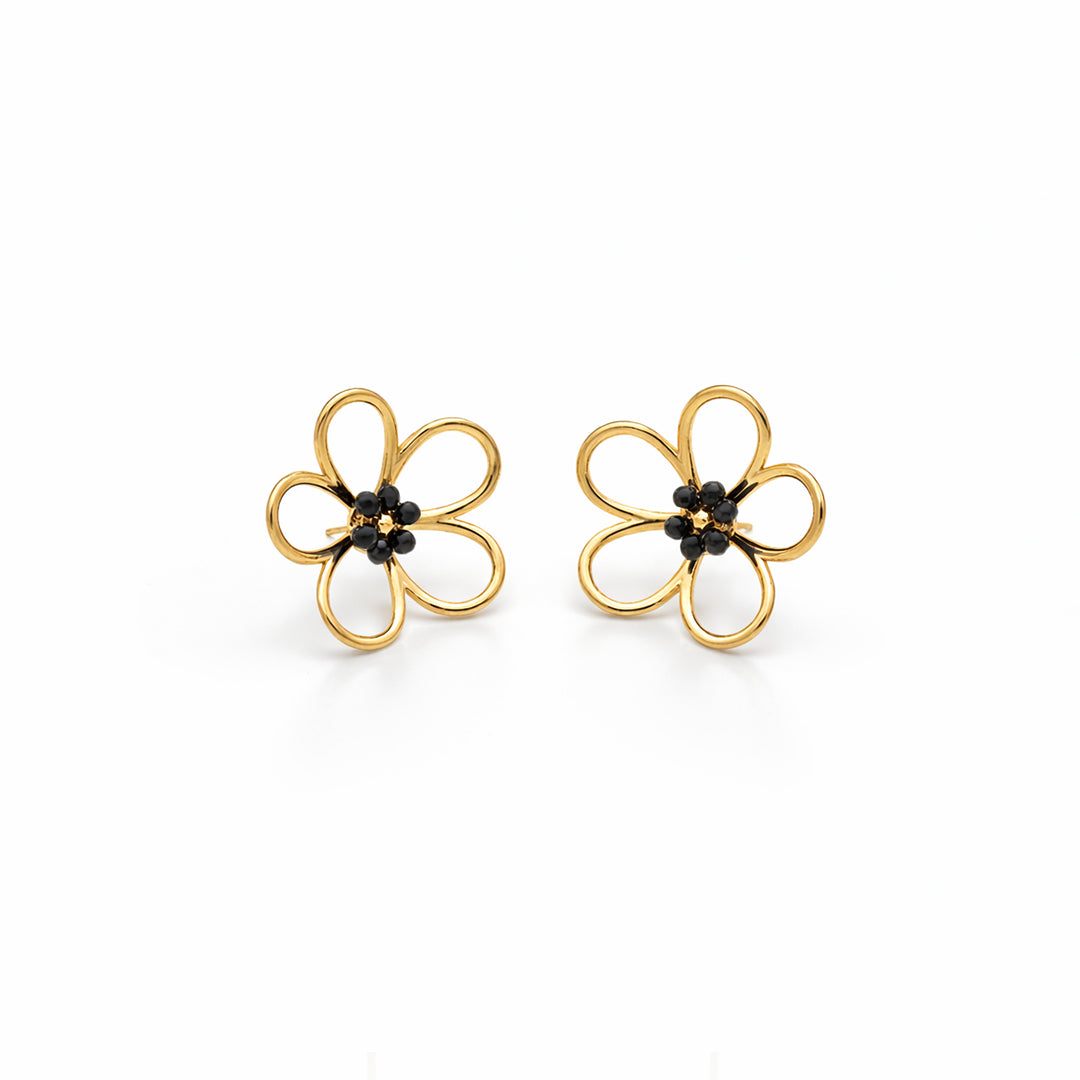 Black Crystal Centre Open Flower Gold Plated Stud Earrings