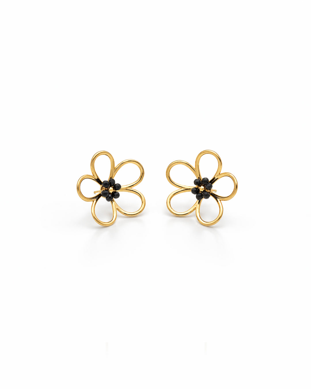 Black Crystal Centre Open Flower Gold Plated Stud Earrings