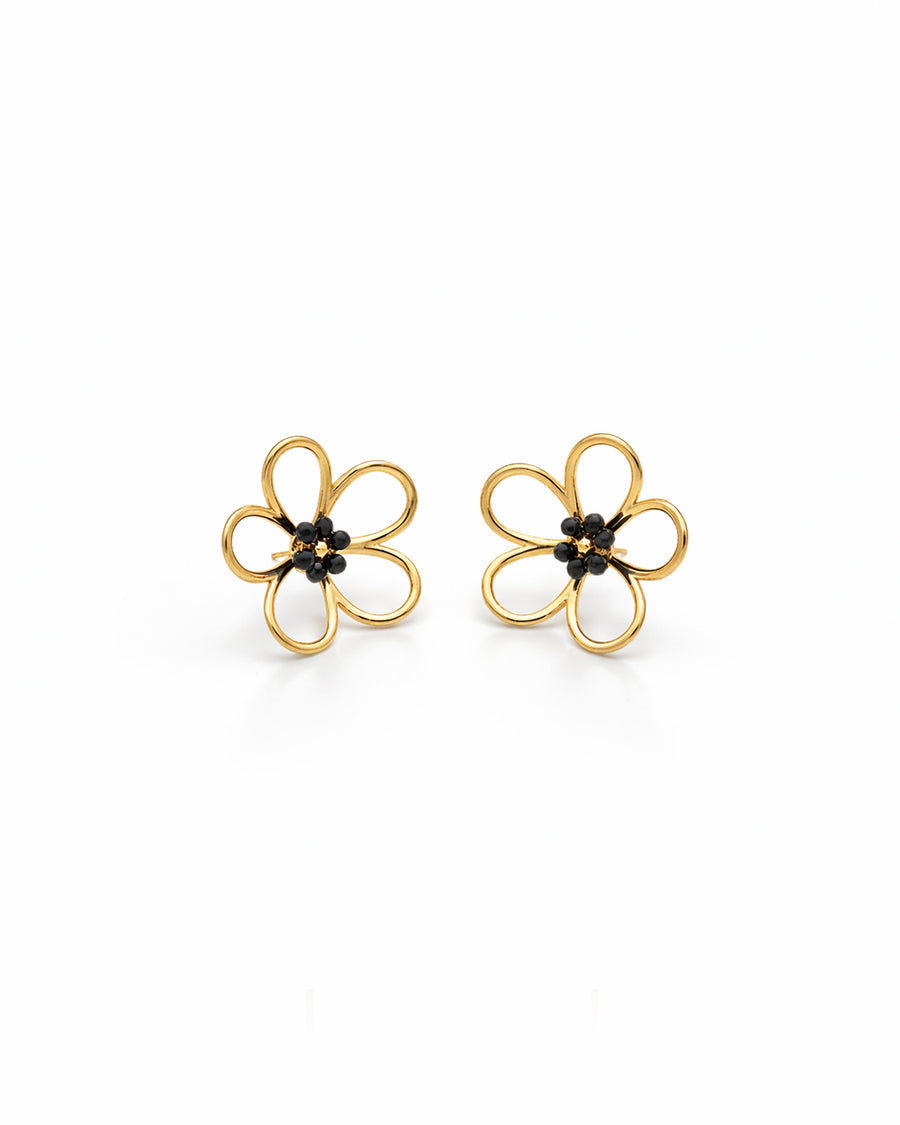 Black Crystal Centre Open Flower Gold Plated Stud Earrings