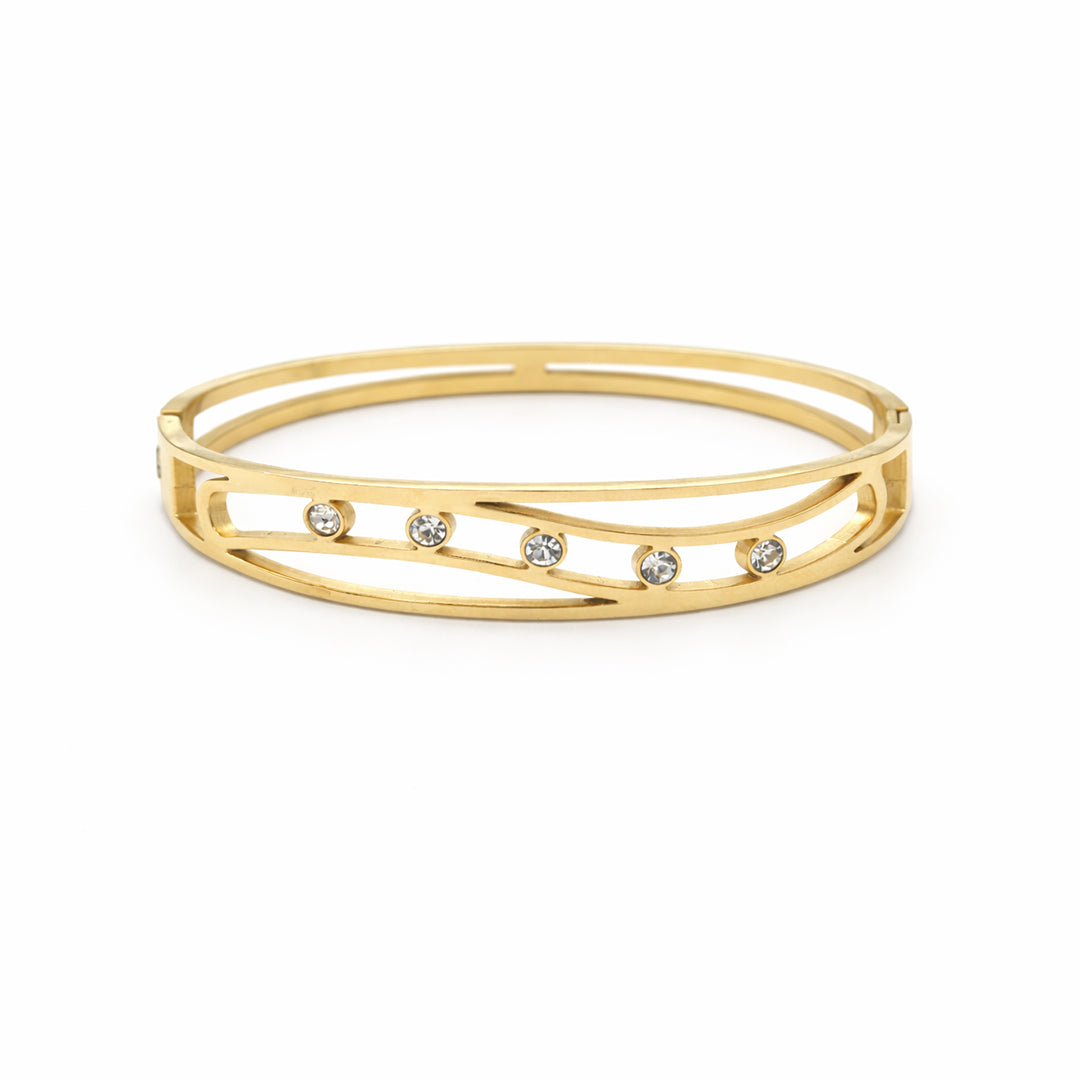 Double Rail Wave Crystal Gold Plated Bangle Kada