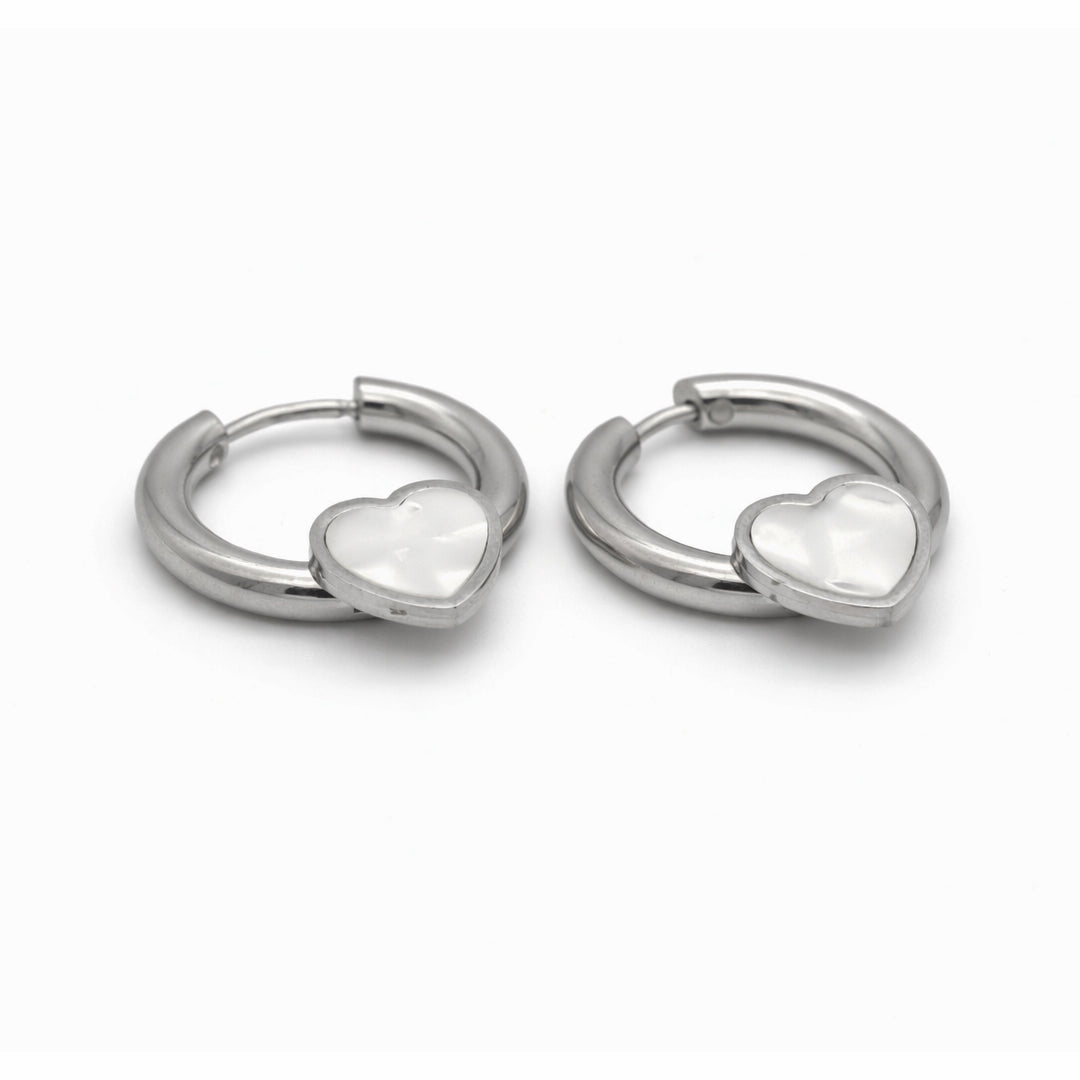 Mother of Pearl Heart Silver Huggie Hoop Earrings