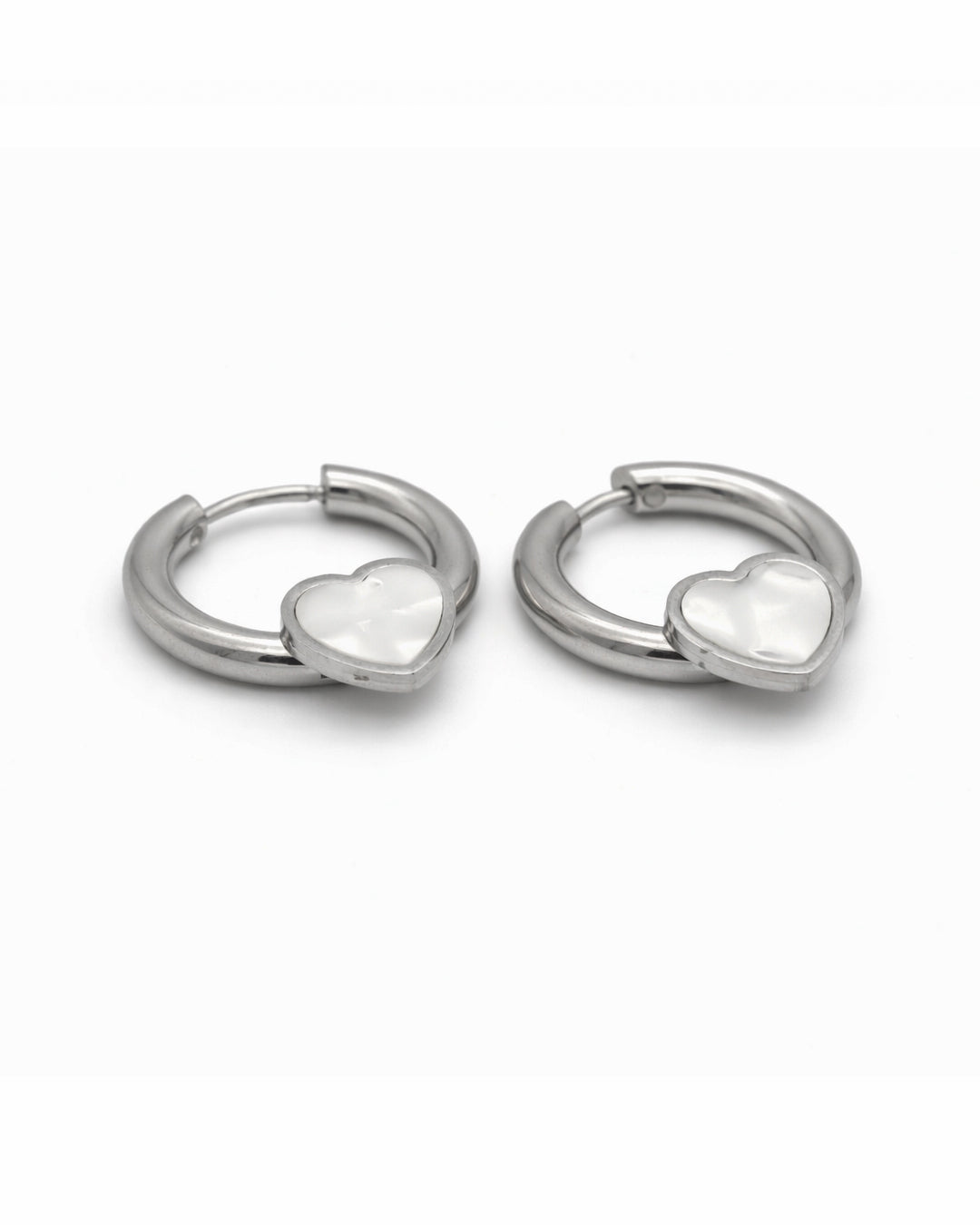 Mother of Pearl Heart Silver Huggie Hoop Earrings