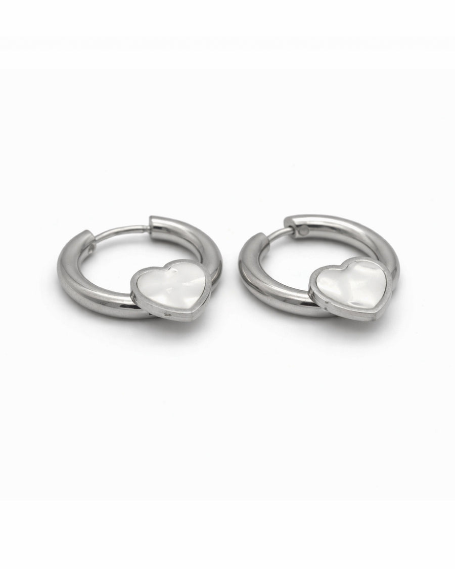 Mother of Pearl Heart Silver Huggie Hoop Earrings