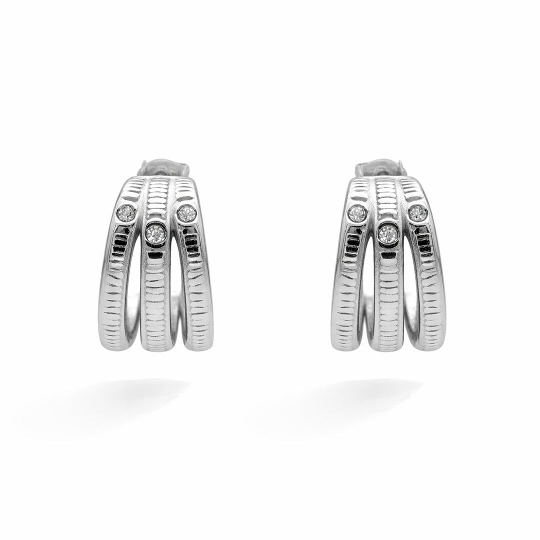 Triple Band Silver Plated Crystal Ribbed Hoop Earrings