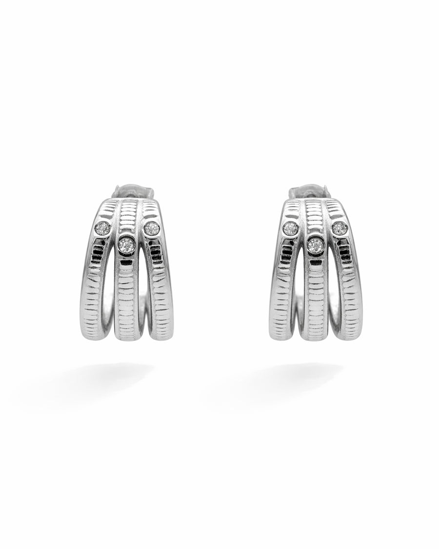 Triple Band Silver Plated Crystal Ribbed Hoop Earrings