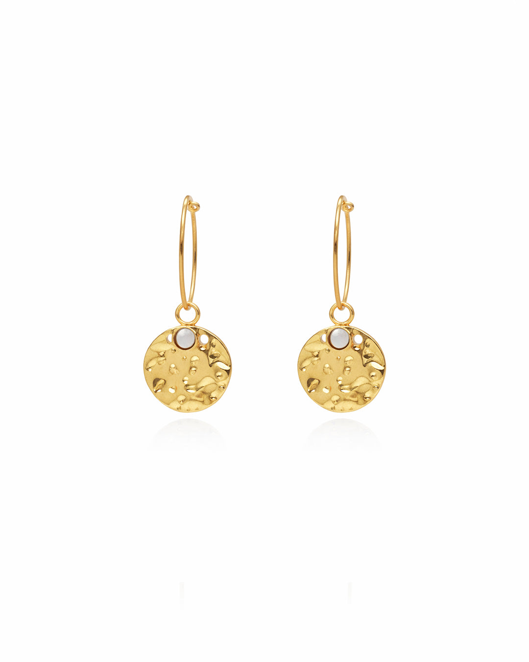 Hammered Coin Pearl Gold Plated Hoop Drop Earrings