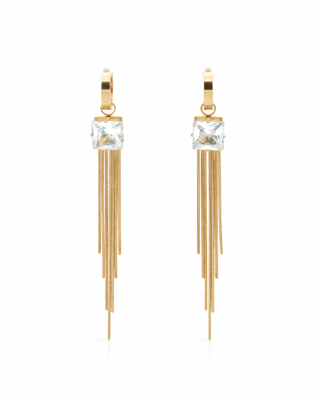 Princess Cut Crystal Fringe Gold Plated Drop Earrings