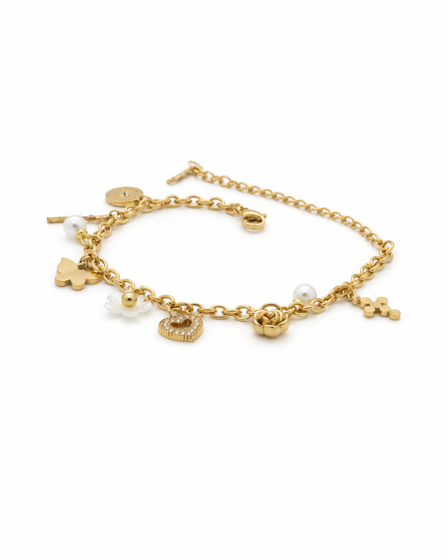 Whimsy Pearl Multi-Charm Gold Bracelet