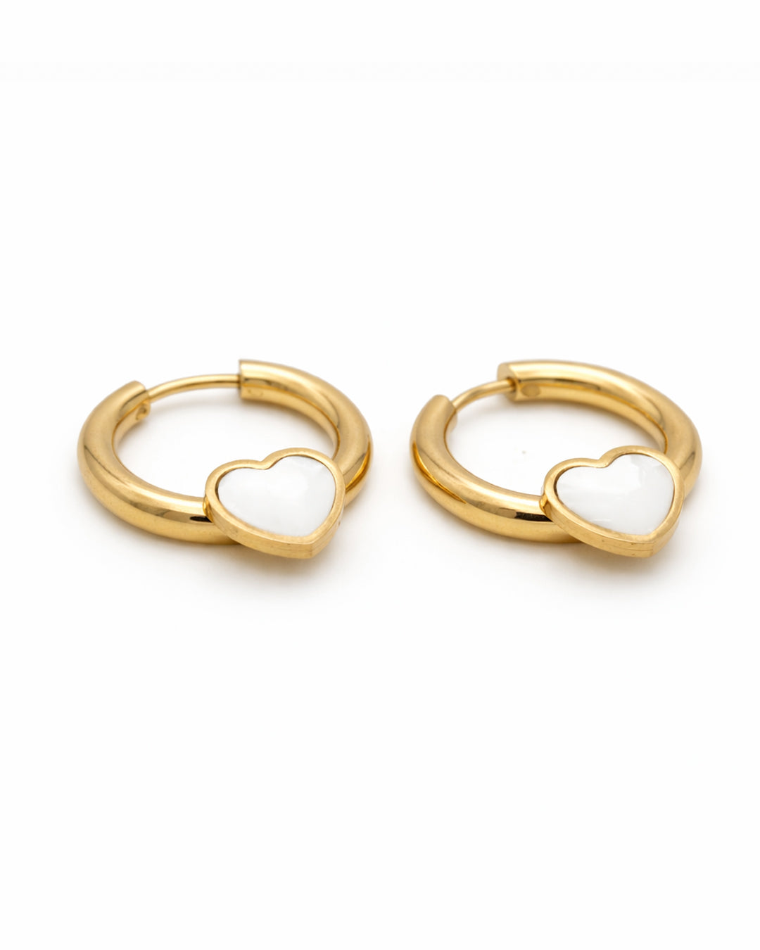 White Enamel Heart Gold Plated Huggie Hoop Earrings