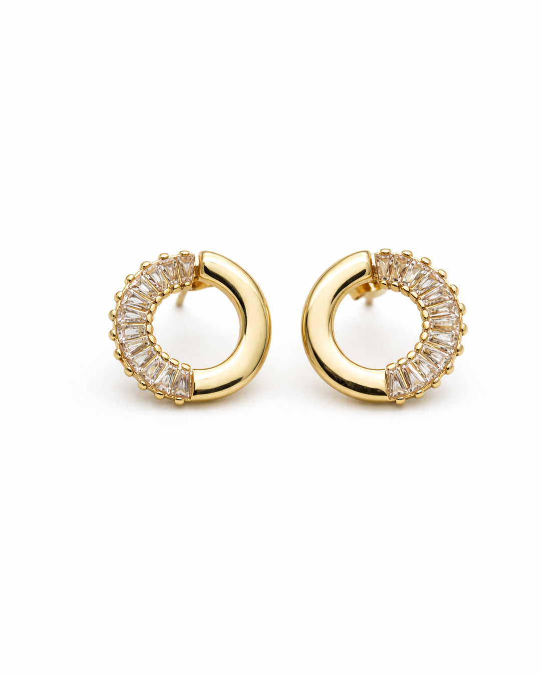 Baguette Halo Gold Plated Circle Stud Earrings