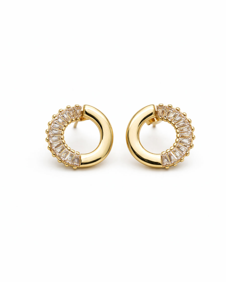 Baguette Halo Gold Plated Circle Stud Earrings