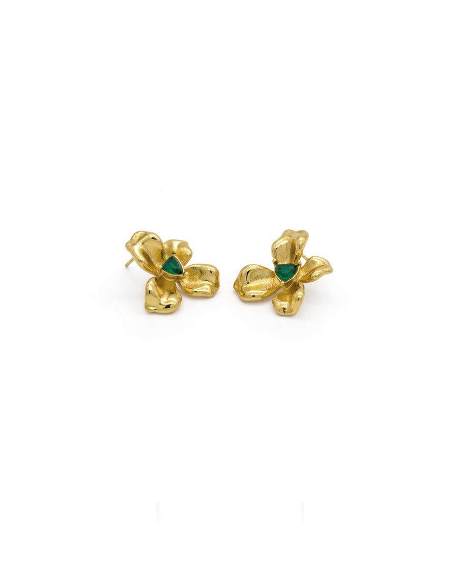 Emerald Trillion Molten Flower Gold Plated Stud Earrings
