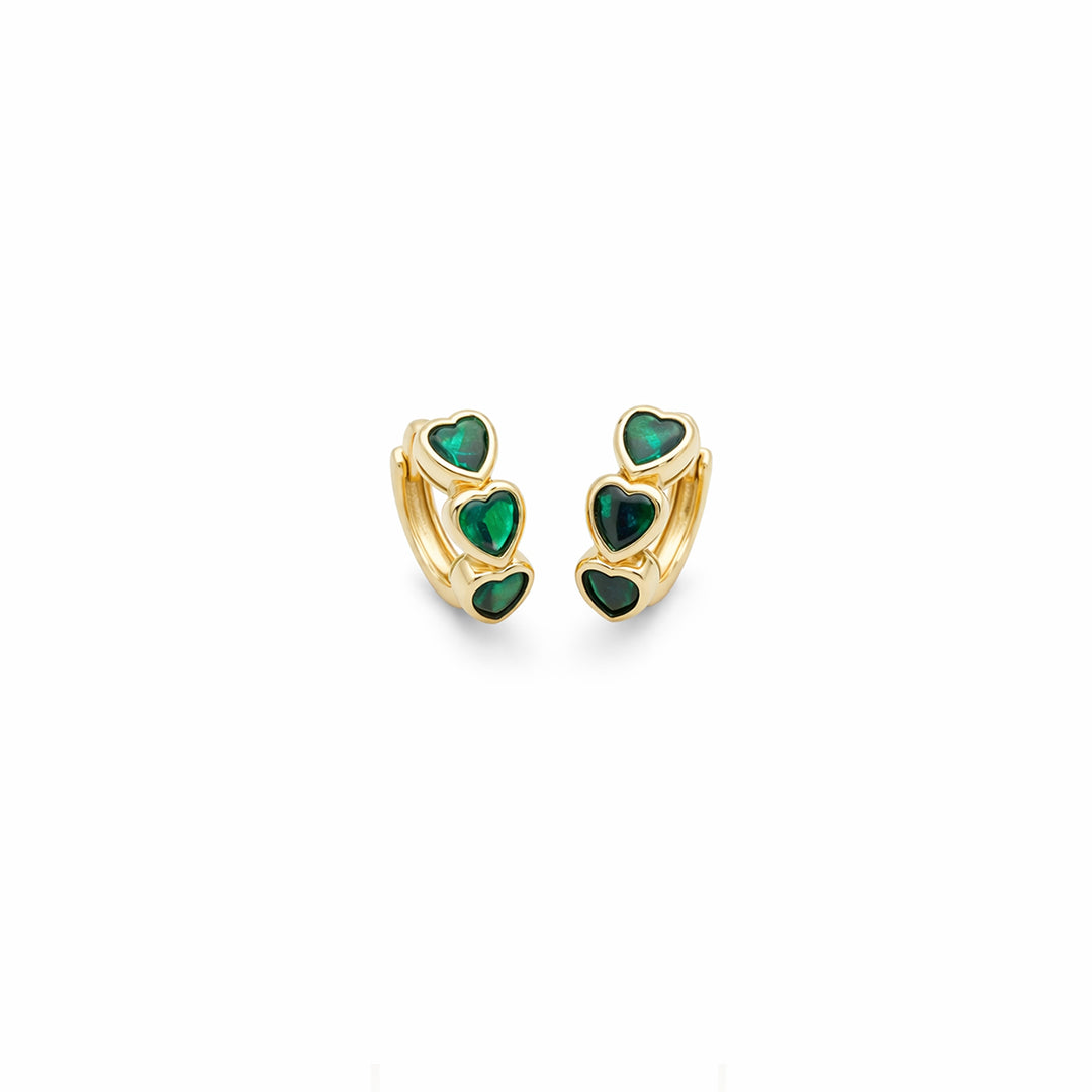 Emerald Triple Heart Gold Plated Huggie Hoop Earrings