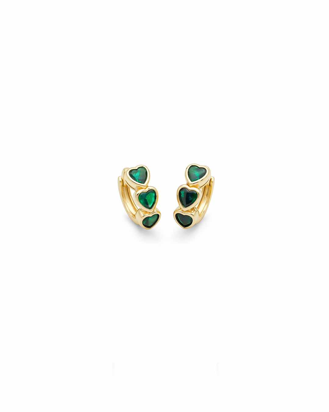 Emerald Triple Heart Gold Plated Huggie Hoop Earrings