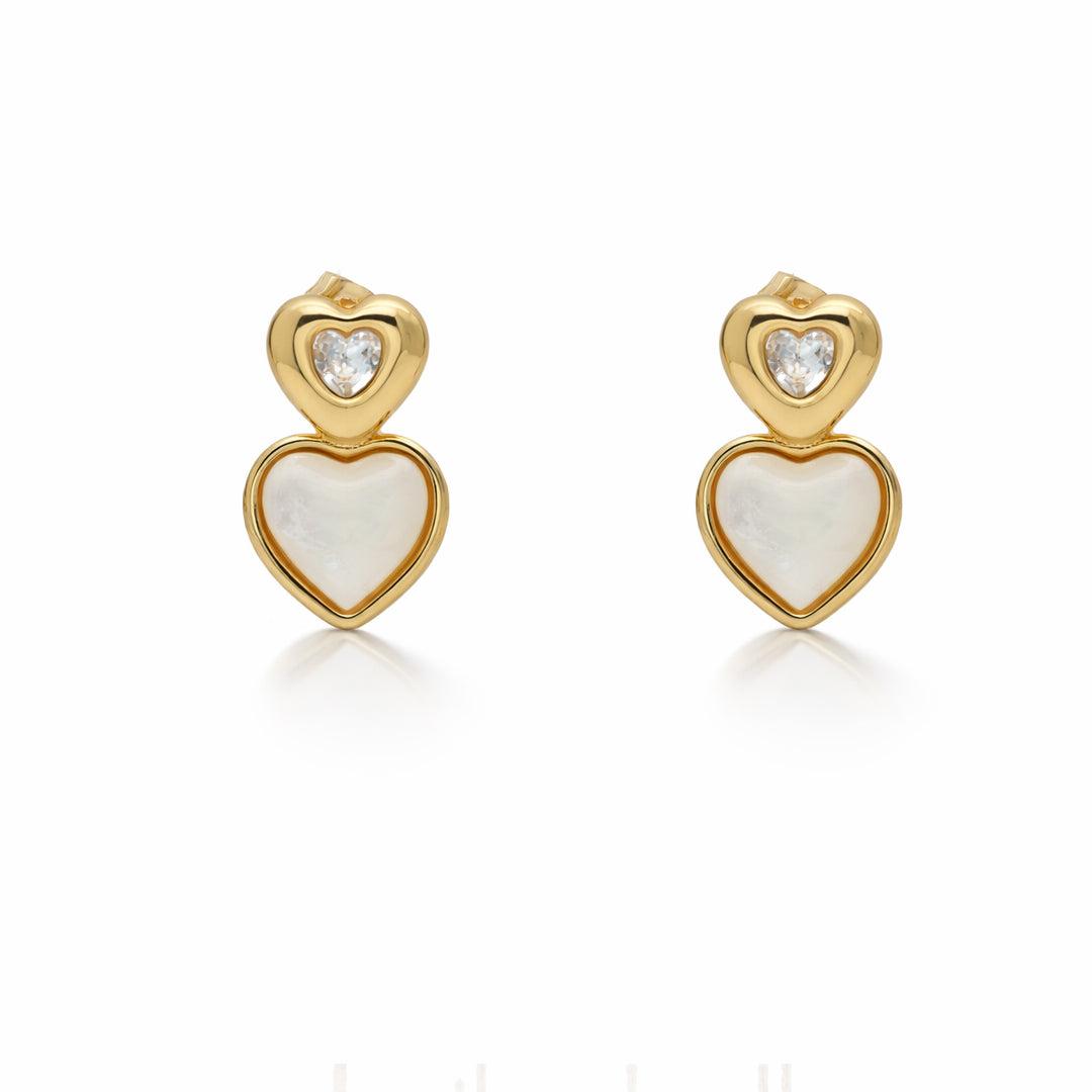Double Heart Mother of Pearl Gold Plated Stud Earrings